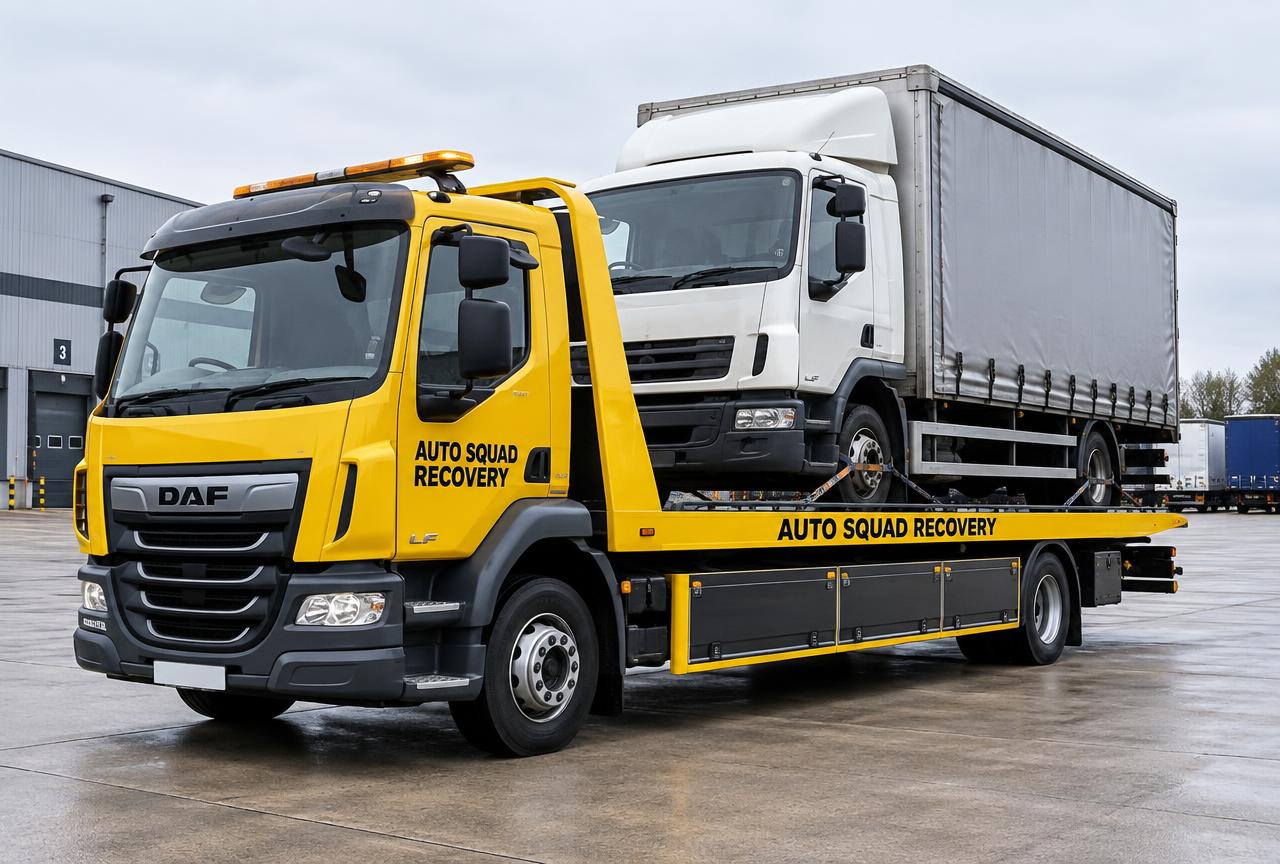 Illustrative Auto Squad Recovery 12.5-tonne recovery truck carrying a commercial vehicle