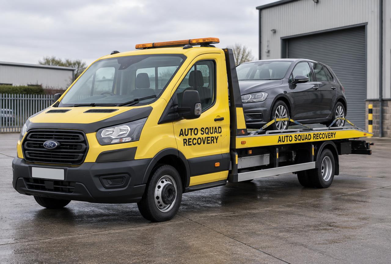 Illustrative Auto Squad Recovery 3.5-tonne flatbed carrying a car