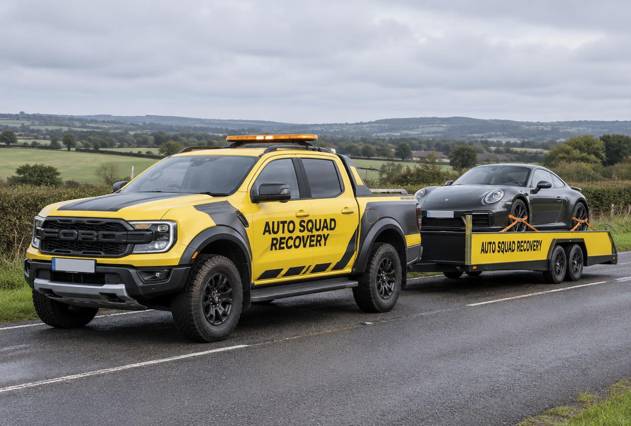 Illustrative Auto Squad Recovery 4x4 towing a car transporter trailer