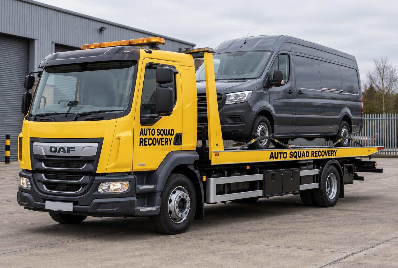 Illustrative Auto Squad Recovery 7.5-tonne recovery truck carrying a large van