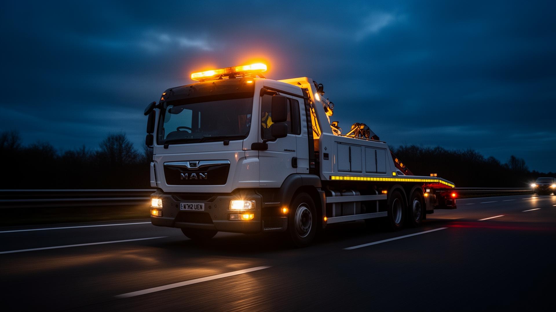 Auto Squad Recovery truck on a motorway ready to assist with 24/7 breakdown recovery across England